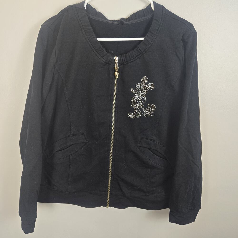 Mickey Mouse Rhinestone Jacket Black Pockets Cotton Zip Front LARGE Lightweight